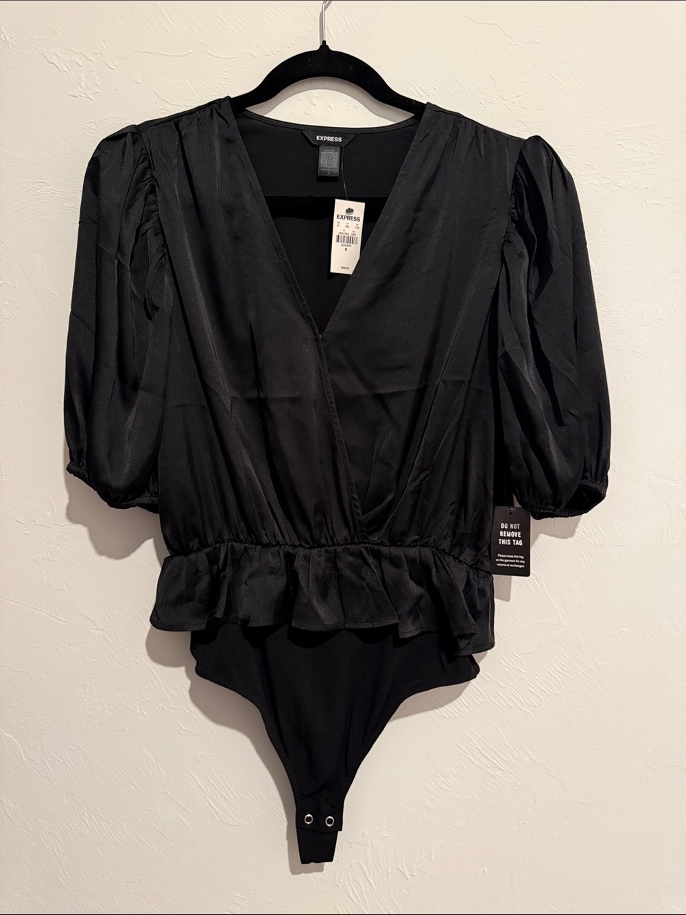 Express Black V-Neck Puff Sleeve Peplum Bodysuit